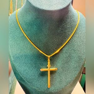 Real 18K Saudi Gold Cross Pendant Necklace 20”